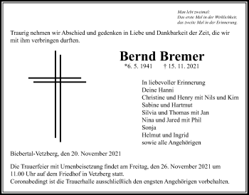Traueranzeige von Bernd Bremer von Giessener Anzeiger