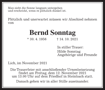 Traueranzeige von Bernd Sonntag von Giessener Allgemeine, Alsfelder Allgemeine