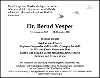 Traueranzeige von Bernd Vesper von Wetterauer Zeitung, Wetterauer Zeitung