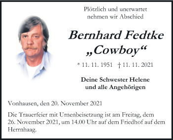 Traueranzeige von Bernhard Fedtke von Kreis-Anzeiger