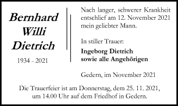 Traueranzeige von Bernhard Willi Dietrich von Kreis-Anzeiger