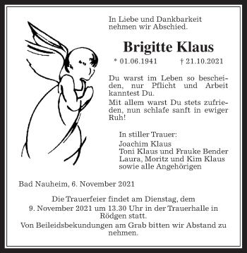 Traueranzeige von Brigitte Klaus von Wetterauer Zeitung