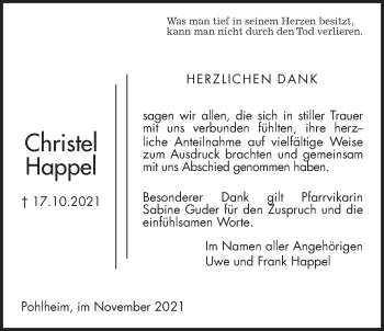 Traueranzeige von Christel Happel von Pohlheimer Nachrichten