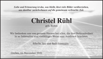 Traueranzeige von Christel Rühl von Giessener Allgemeine, Alsfelder Allgemeine