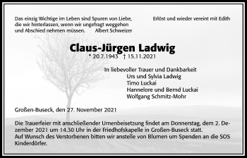 Traueranzeige von Claus-Jürgen Ladwig von Giessener Allgemeine, Alsfelder Allgemeine