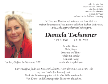 Traueranzeige von Daniela Tschauner von Giessener Allgemeine, Alsfelder Allgemeine, Giessener Allgemeine, Alsfelder Allgemeine, Giessener Anzeiger