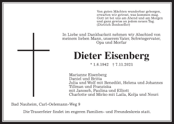 Traueranzeige von Dieter Eisenberg von Wetterauer Zeitung