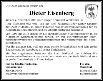 Traueranzeige von Dieter Eisenberg von Wetterauer Zeitung