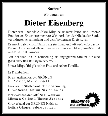 Traueranzeige von Dieter Eisenberg von Wetterauer Zeitung, Wetterauer Zeitung