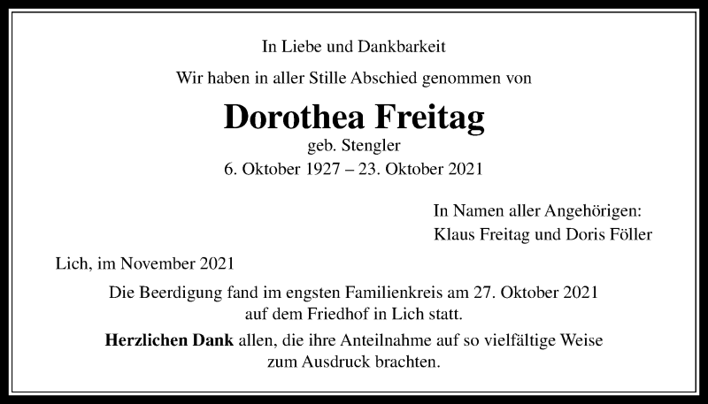  Traueranzeige für Dorothea Freitag vom 04.11.2021 aus Licher Wochenblatt