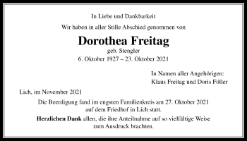 Traueranzeige von Dorothea Freitag von Licher Wochenblatt