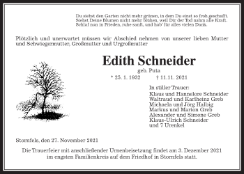 Traueranzeige von Edith Schneider von Kreis-Anzeiger