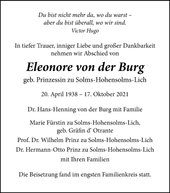 Traueranzeige von Eleonore von der Burg von Licher Wochenblatt