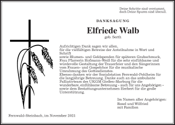 Traueranzeige von Elfriede Walb von Giessener Allgemeine, Alsfelder Allgemeine