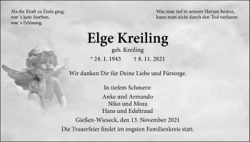 Traueranzeige von Elge Kreiling von Giessener Allgemeine, Alsfelder Allgemeine