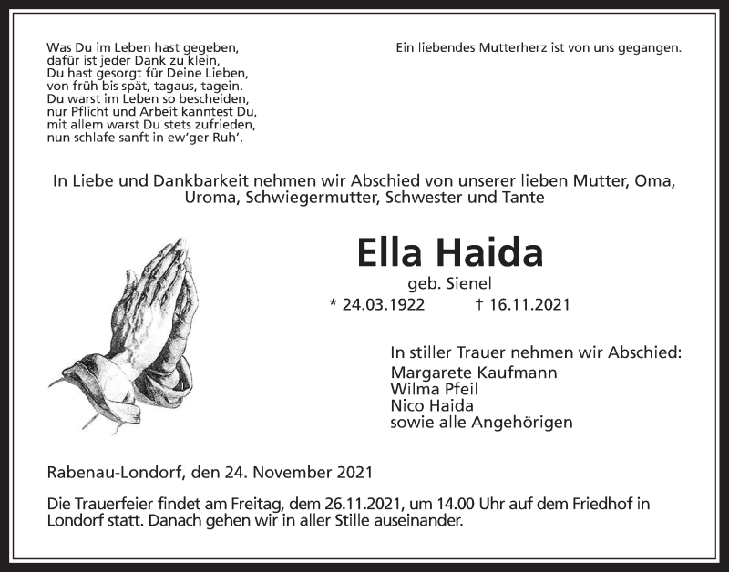  Traueranzeige für Ella Haida vom 24.11.2021 aus Giessener Allgemeine, Alsfelder Allgemeine