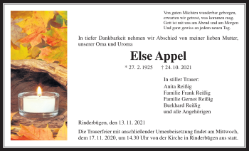 Traueranzeige von Else Appel 