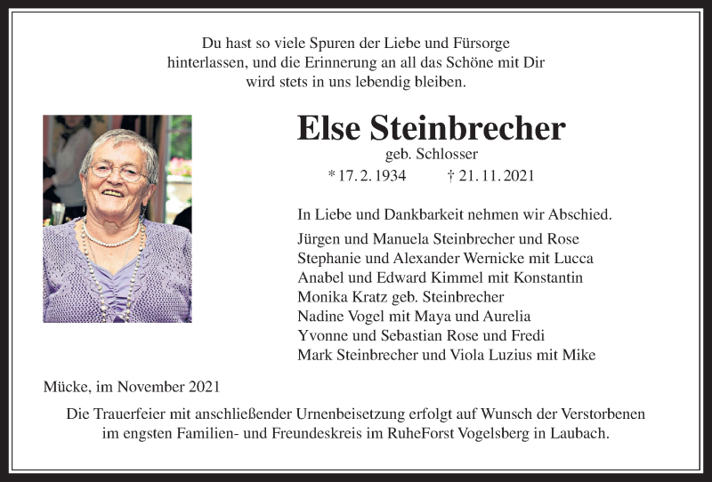  Traueranzeige für Else Steinbrecher vom 25.11.2021 aus Alsfelder Allgemeine, Mücker Stimme