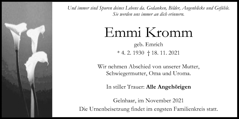 Traueranzeige für Emmi Kromm vom 27.11.2021 aus Kreis-Anzeiger
