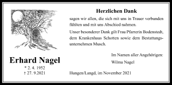 Traueranzeige von Erhard Nagel von Licher Wochenblatt