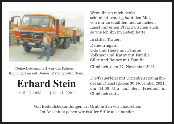 Traueranzeige von Erhard Stein von Giessener Allgemeine, Alsfelder Allgemeine, Giessener Anzeiger