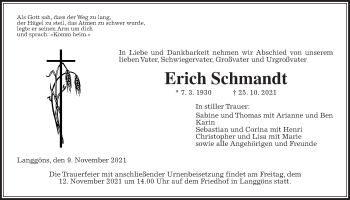 Traueranzeige von Erich Schmandt von Giessener Allgemeine, Alsfelder Allgemeine