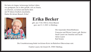 Traueranzeige von Erika Becker von Giessener Allgemeine, Alsfelder Allgemeine, Giessener Anzeiger