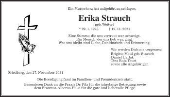 Traueranzeige von Erika Strauch von Wetterauer Zeitung