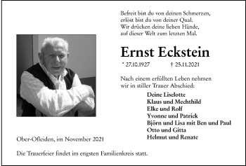 Traueranzeige von Ernst Eckstein von Alsfelder Allgemeine