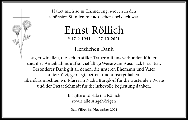  Traueranzeige für Ernst Röllich vom 25.11.2021 aus Bad Vilbel/Karben