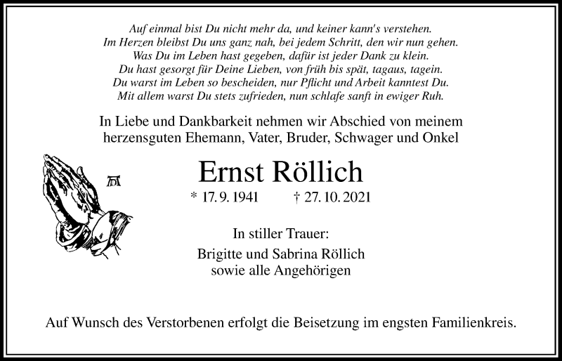  Traueranzeige für Ernst Röllich vom 11.11.2021 aus Bad Vilbel/Karben