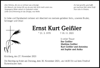 Traueranzeige von Ernst Kurt Geißler von Giessener Allgemeine, Alsfelder Allgemeine, Giessener Anzeiger