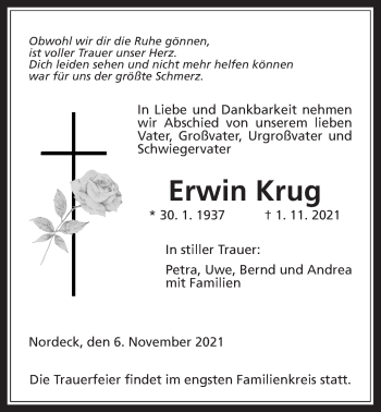 Traueranzeige von Erwin Krug von Giessener Allgemeine, Alsfelder Allgemeine