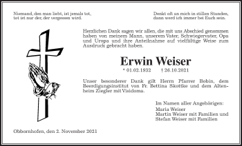 Traueranzeige von Erwin Weiser von Giessener Allgemeine, Alsfelder Allgemeine, Wetterauer Zeitung