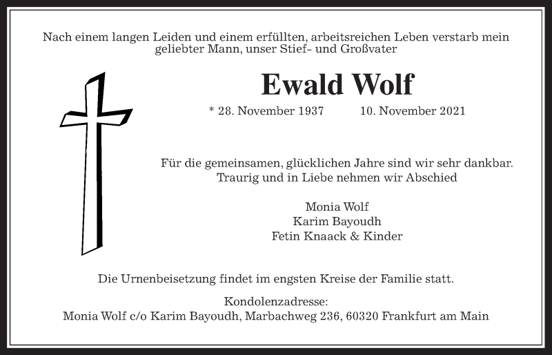  Traueranzeige für Ewald Wolf vom 13.11.2021 aus 