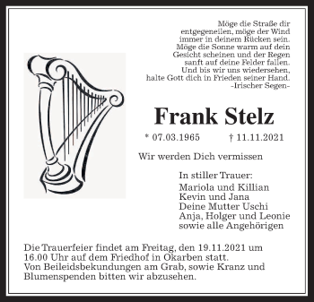 Traueranzeige von Frank Stelz von Wetterauer Zeitung
