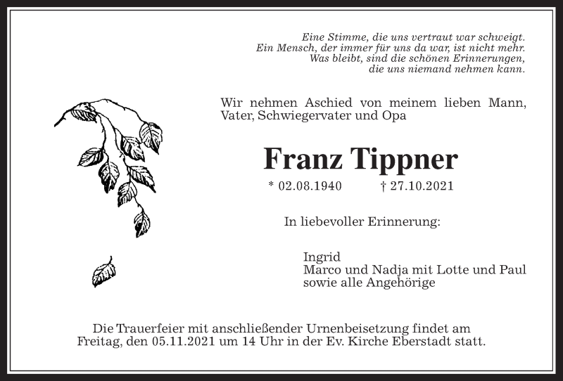  Traueranzeige für Franz Tippner vom 04.11.2021 aus Licher Wochenblatt