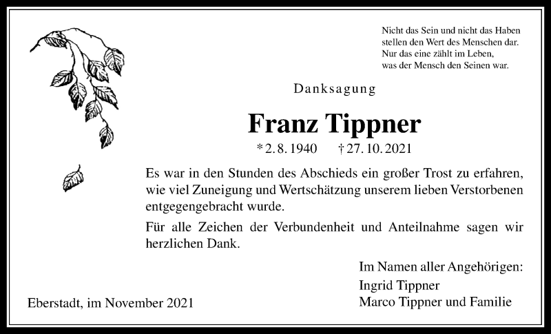  Traueranzeige für Franz Tippner vom 25.11.2021 aus Licher Wochenblatt