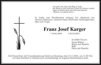 Traueranzeige von Franz Josef Karger 
