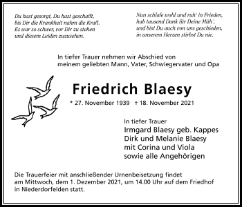 Traueranzeige von Friedrich Blaesy von Bad Vilbel/Karben