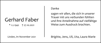 Traueranzeige von Gerhard Faber von Giessener Allgemeine, Alsfelder Allgemeine, Giessener Allgemeine, Alsfelder Allgemeine, Giessener Anzeiger