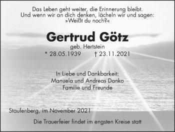 Traueranzeige von Gertrud Götz von Giessener Anzeiger