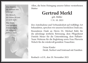 Traueranzeige von Gertrud Merkl von Wetterauer Zeitung, Wetterauer Zeitung