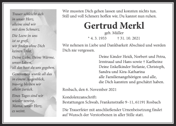 Traueranzeige von Gertrud Merkl von Wetterauer Zeitung