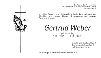 Traueranzeige von Gertrud Weber von Giessener Allgemeine, Alsfelder Allgemeine