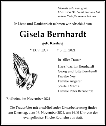 Traueranzeige von Gisela Bernhardt von Giessener Allgemeine, Alsfelder Allgemeine