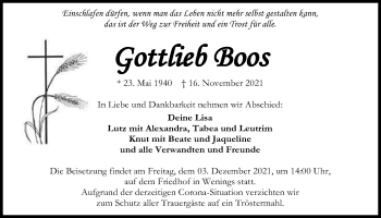 Traueranzeige von Gottlieb Boos von Kreis-Anzeiger