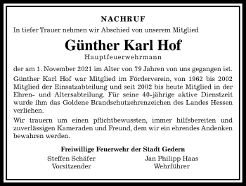 Traueranzeige von Günther Karl Hof 