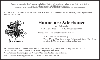Traueranzeige von Hannelore Aderbauer von Giessener Allgemeine, Alsfelder Allgemeine
