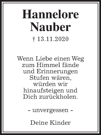 Traueranzeige von Hannelore Nauber 